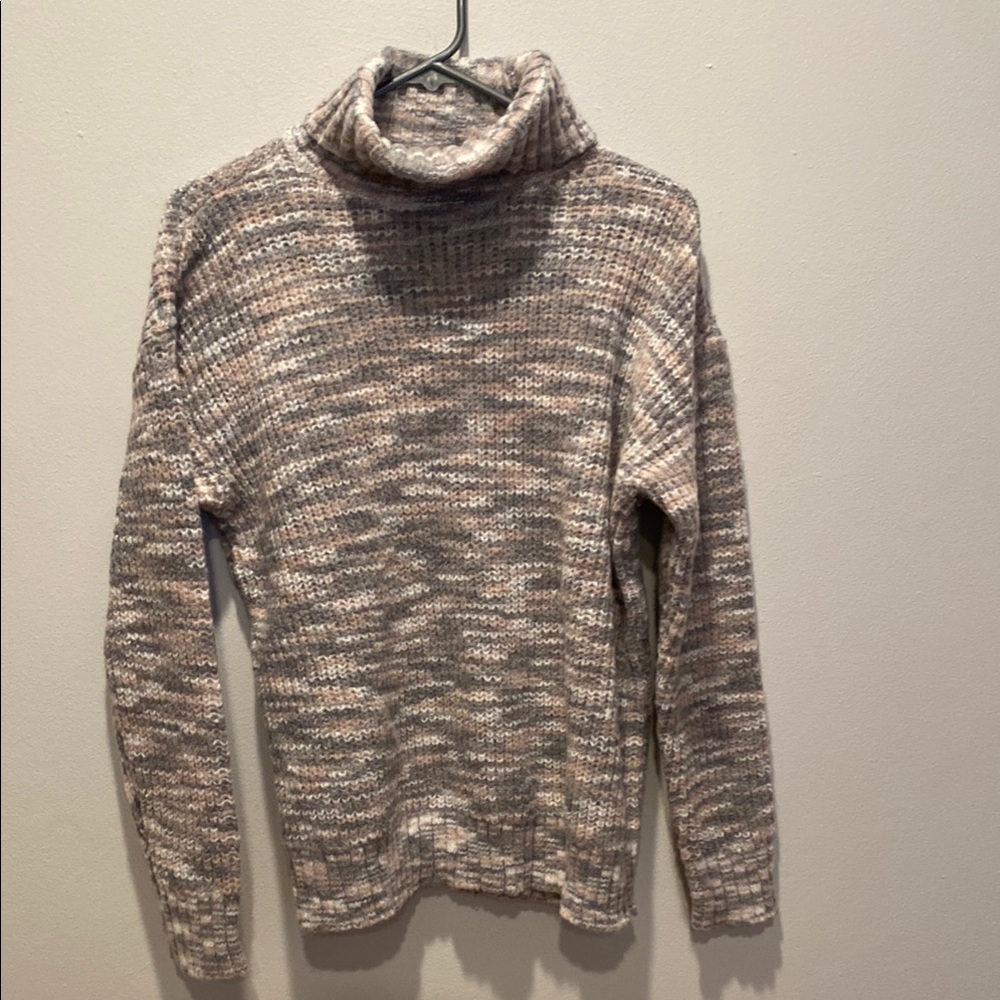 LOFT Cream and Gray Cowl Neck Sweater with Marled Pattern